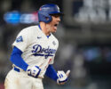 Los Angeles Dodgers' Freddie Freeman celebrates his walk off home run against the Toronto Blue Jays during the 18th inning in Game 3 of baseball's World Series, Monday, Oct. 27, 2025, in Los Angeles. (AP Photo/Brynn Anderson)