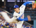 Los Angeles Dodgers pitcher Shohei Ohtani (17) delivers a pitch against the Toronto Blue Jays during fourth inning Game 4 World Series playoff MLB baseball action in Los Angeles on Tuesday, Oct. 28, 2025. (Frank Gunn/The Canadian Press via AP)
