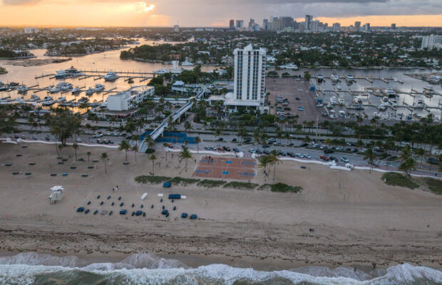 In this aerial view basketball courts are seen at Fort Lauderdale Beach Park, the site of proposed pickleball courts as part of a new luxury development, Oct. 8, 2025, in Fort Lauderdale, Fla. (AP Photo/Daniel Kozin)