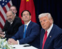 President Donald Trump, right, with Secretary of State Marco Rubio, second right, and Commerce Secretary Howard Lutnick, third right, meets with Chinese President Xi Jinping at Gimhae International Airport in Busan, South Korea, Thursday, Oct. 30, 2025. (AP Photo/Mark Schiefelbein)